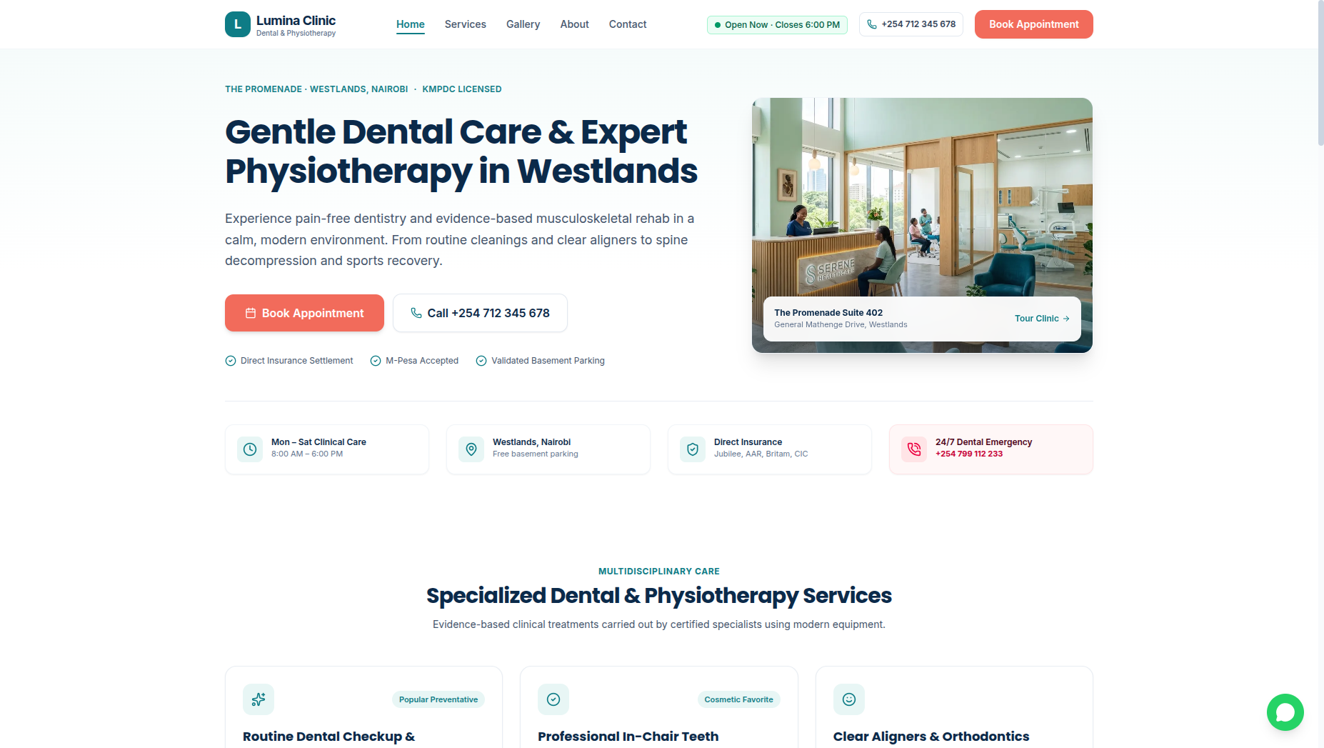 Lumina Dental & Physio desktop dashboard interface